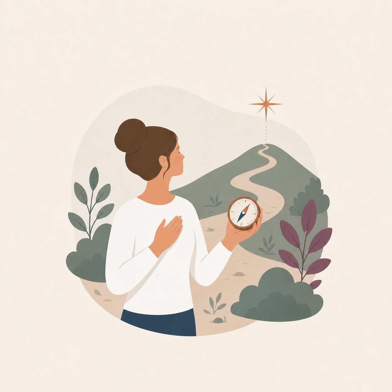 Person with a compass in their hand, staring down a twisting path.