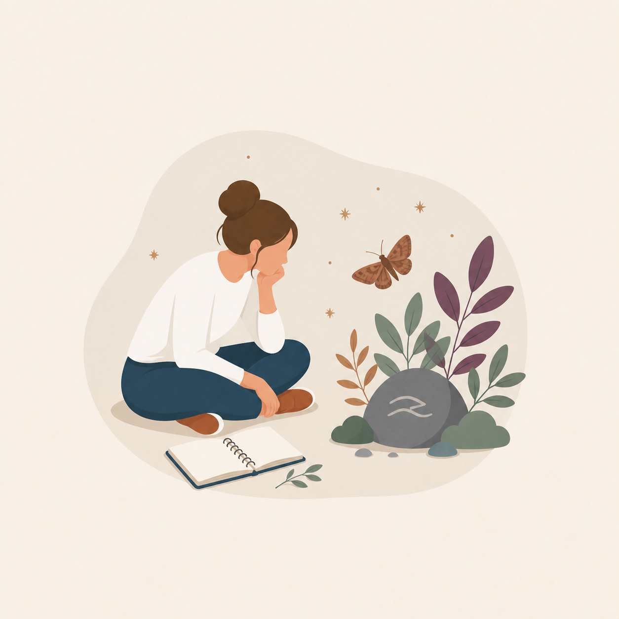 Person sitting beside a book, pondering the rocks, plants, and butterfly.