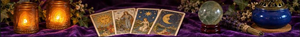 Photo of candles, crystal ball, tarot cards, and incense burner you may see at your reading with Carey