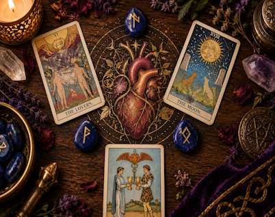 Stylized, anatomical heart symbolizing romance with tarot cards and runes around it.
