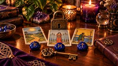 Tarot cards and stone runes with a padlock and key, indicating the way is blocked.