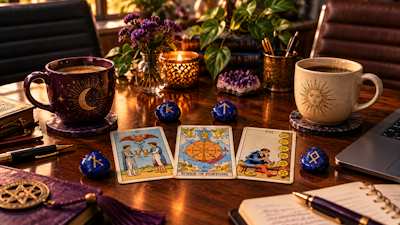 A work desk, two coffee mugs, two chairs, tarot cards, and stone runes, indicative of a job